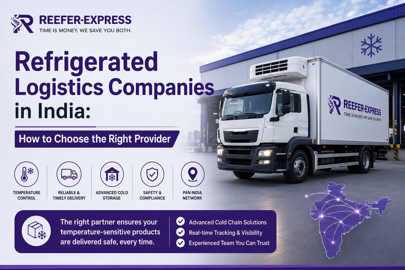 Reefer Express refrigerated logistics truck at a cold storage warehouse representing refrigerated logistics companies in India and temperature-controlled transportation services.