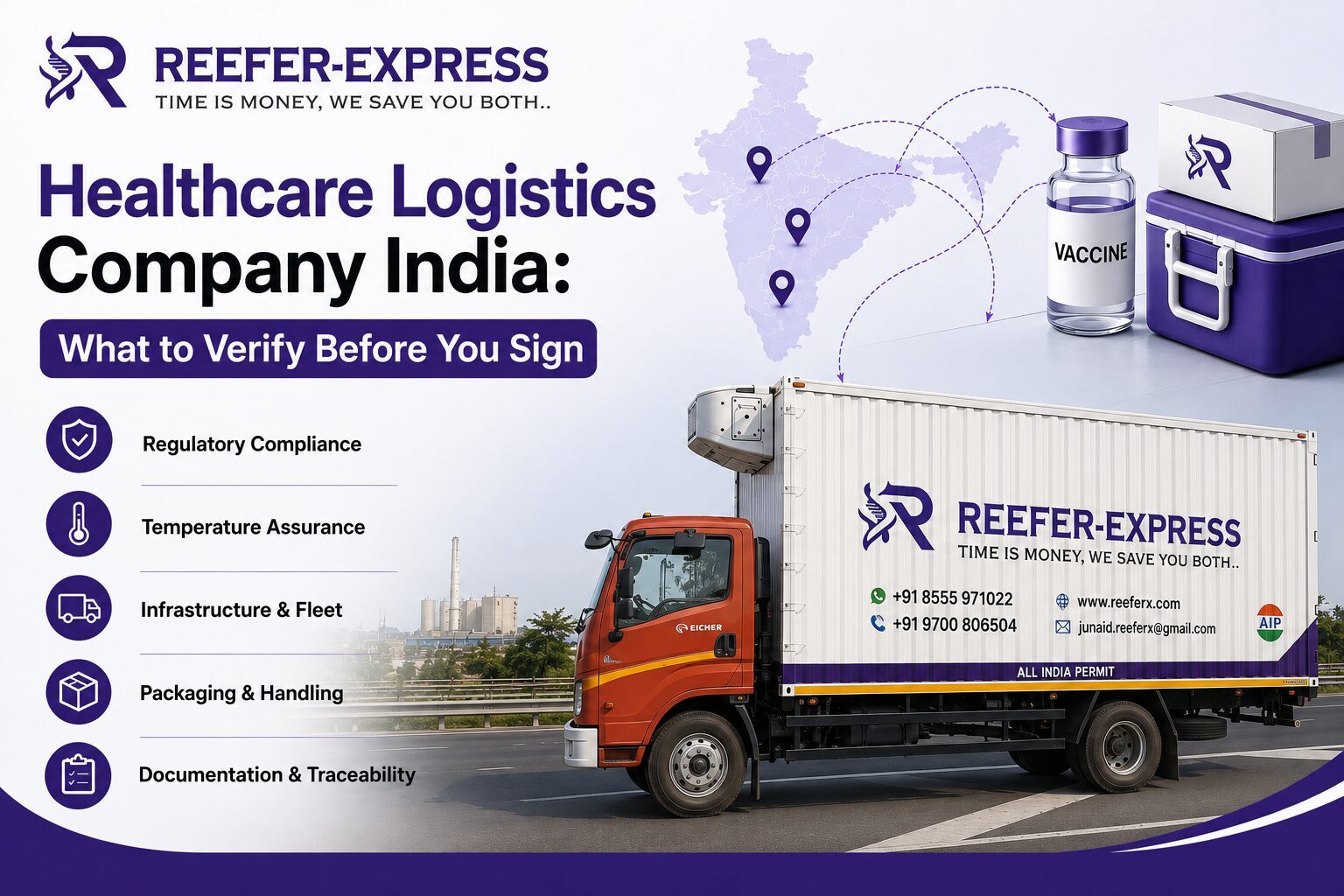 Healthcare logistics company India with Reefer Express refrigerated truck for temperature-controlled healthcare transportation
