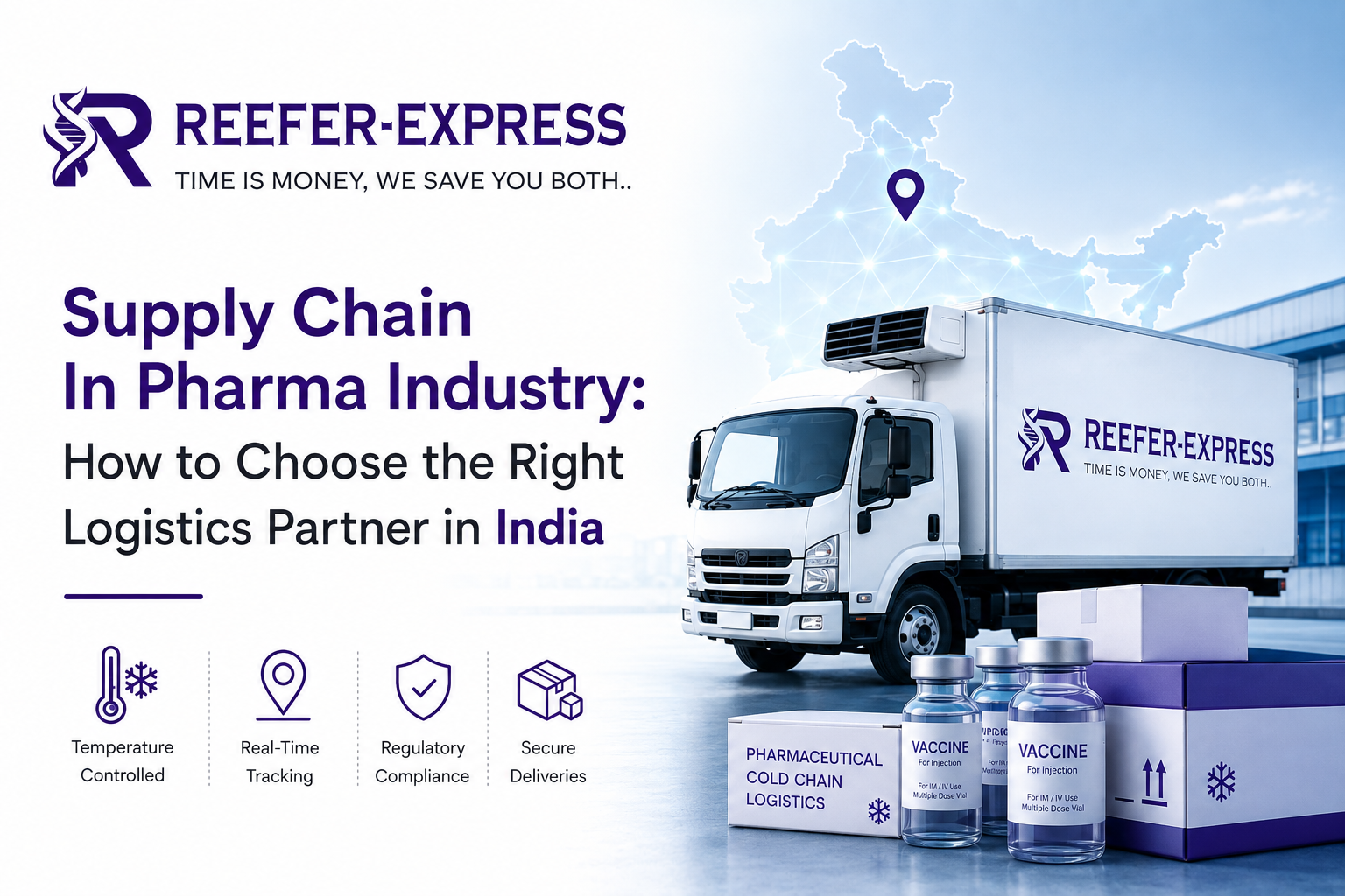 Pharmaceutical supply chain logistics with a refrigerated truck and temperature-controlled medicine delivery in India.