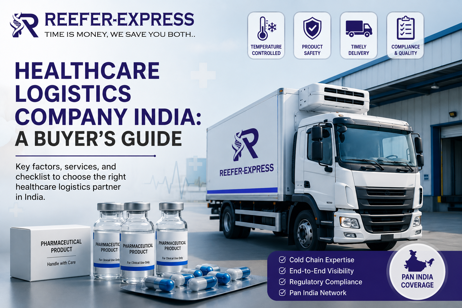 Healthcare logistics company in India with a temperature-controlled Reefer Express truck, pharma cold storage facility, medical products, and cold chain transportation.