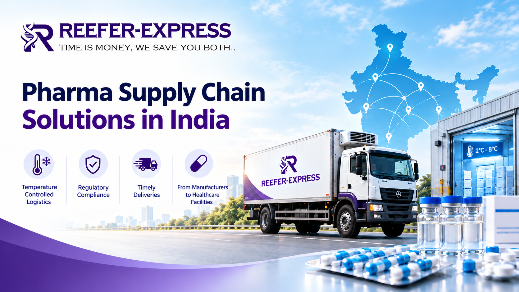 Pharma supply chain solutions in India with Reefer-Express temperature-controlled logistics truck