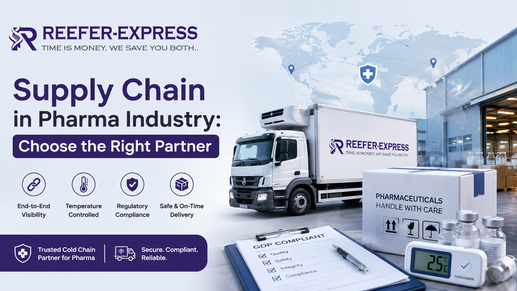 Supply chain in pharma industry with Reefer Express refrigerated truck and temperature-controlled logistics