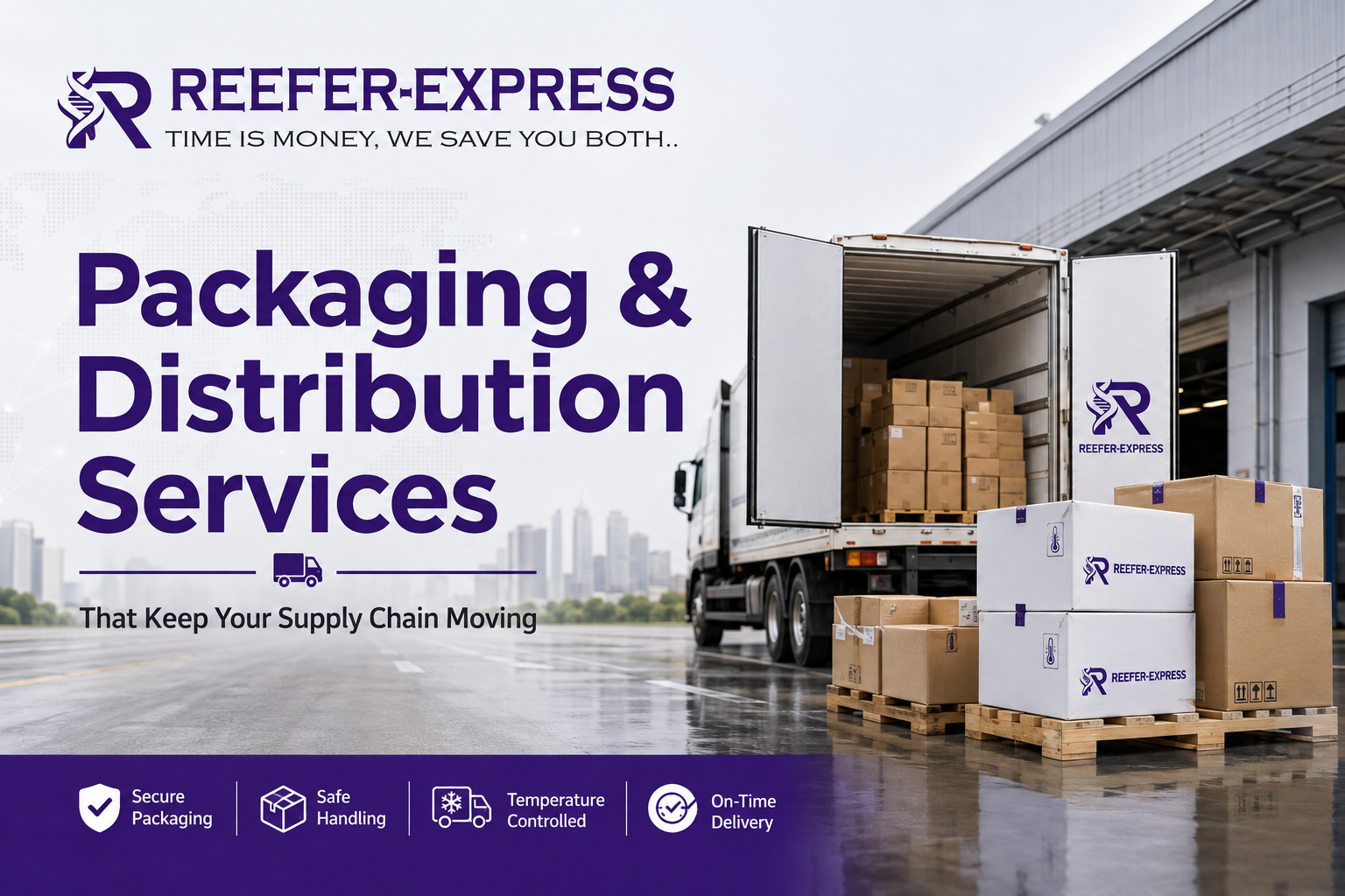 Packaging and distribution services with Reefer Express refrigerated logistics truck and temperature-controlled shipment boxes