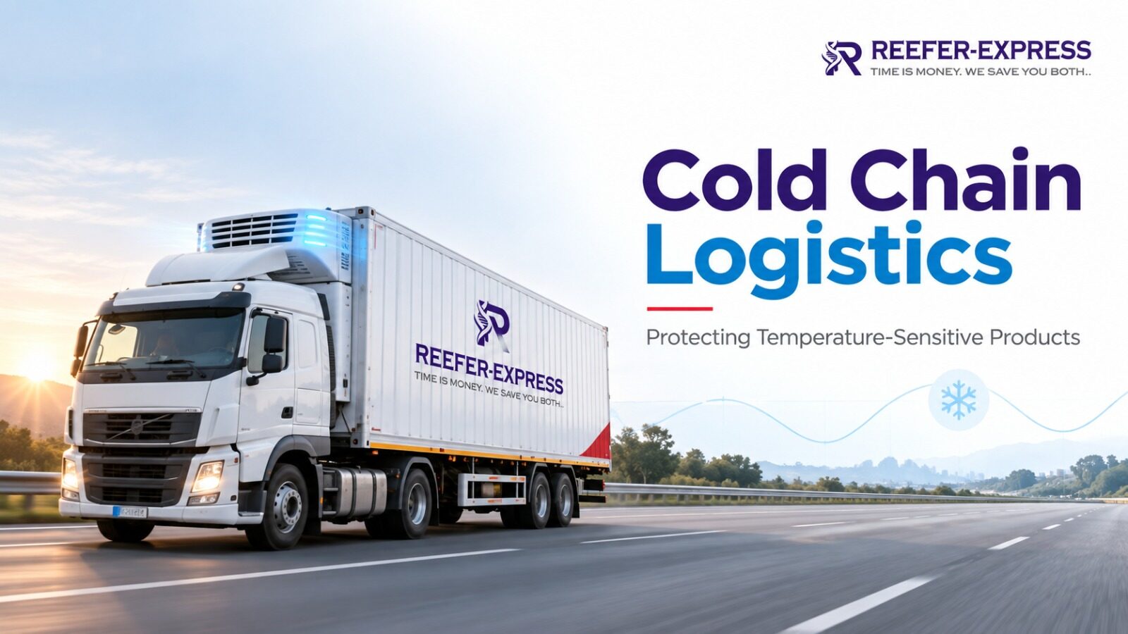 Reefer Express refrigerated truck transporting temperature-sensitive products on a highway