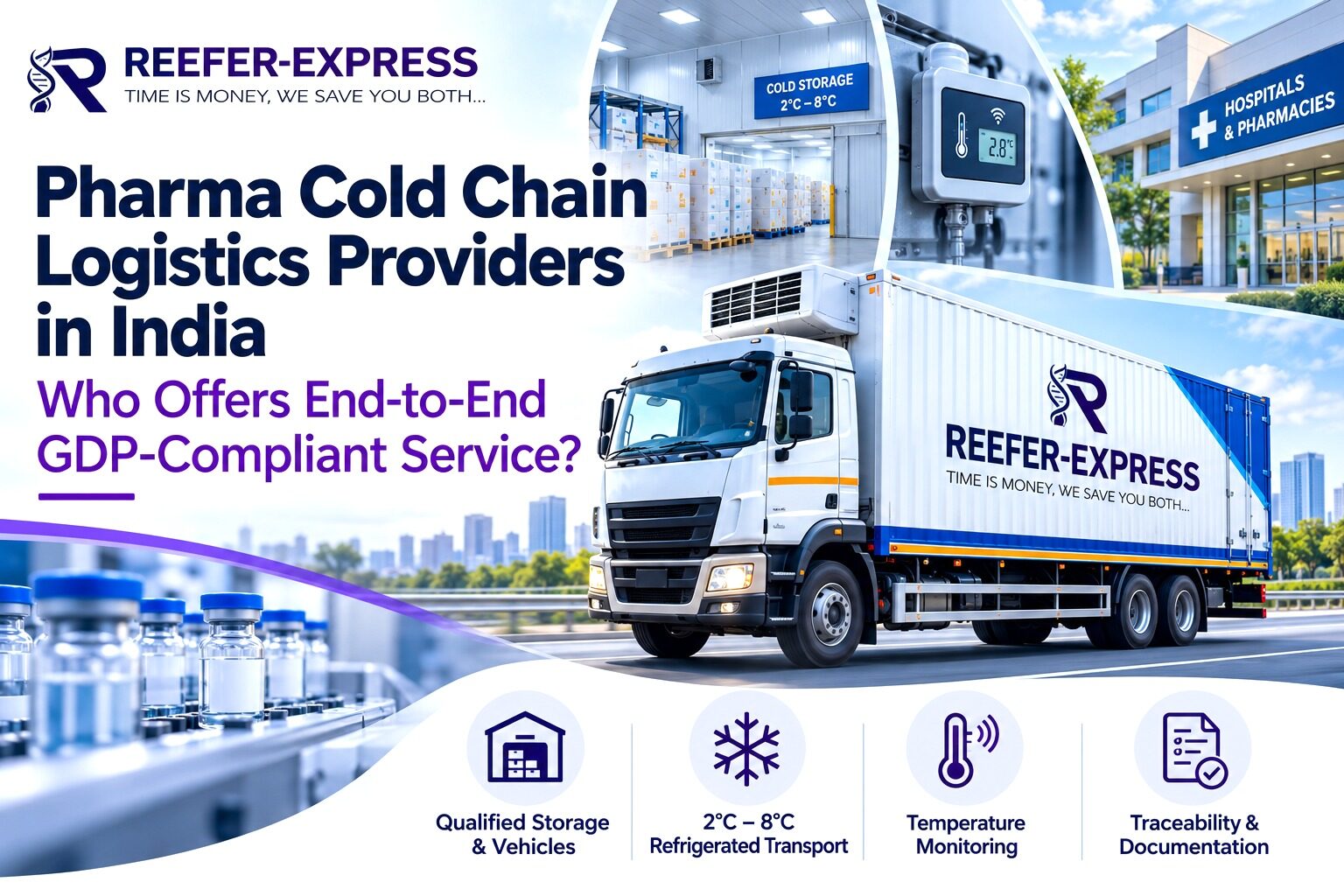 Reefer Express pharma cold chain logistics truck with refrigerated transport, 2°C–8°C temperature monitoring, pharmaceutical storage, and GDP-compliant logistics in India.